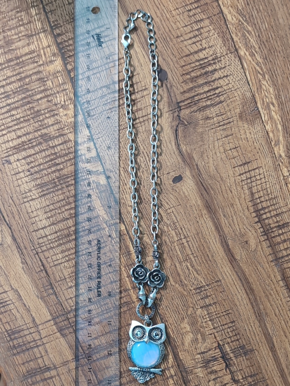 Silver-Tone Owl Pendant Necklace with Opalescent Center